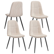 Set of 4 cream white chenille dining chairs with black metal legs on a plain background