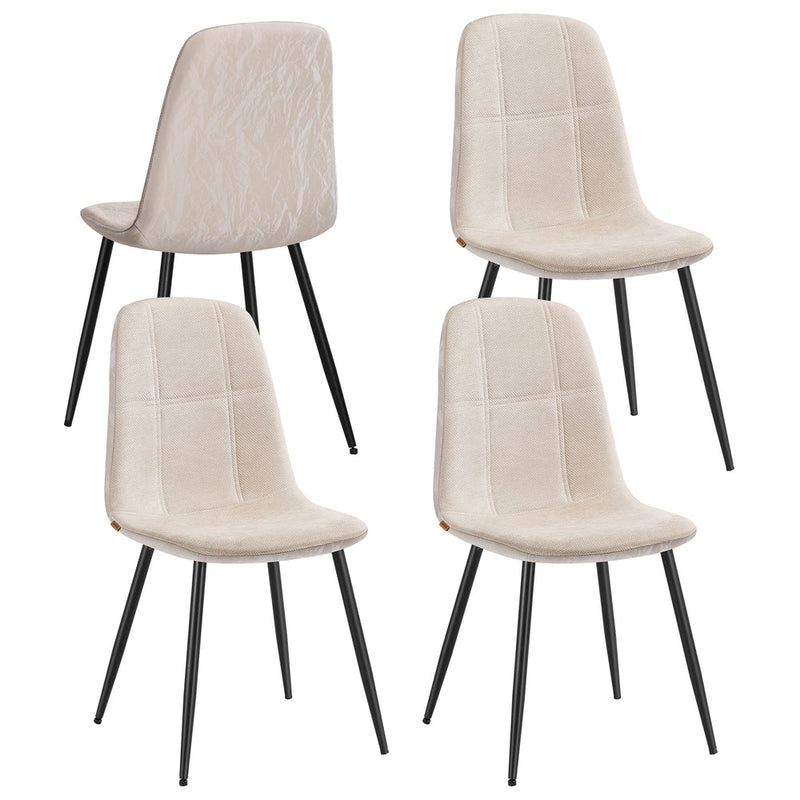 Set of 4 cream white chenille dining chairs with black metal legs on a plain background