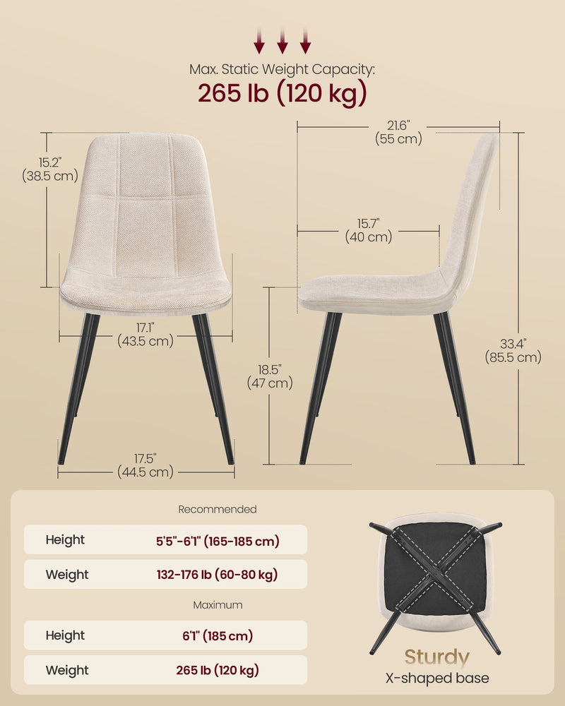 Dimension diagram of one cream white chair showing 44.5 cm width, 55 cm depth and 85.5 cm height