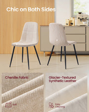 2 cream white chairs showing the chenille front and the glacier-textured synthetic leather back