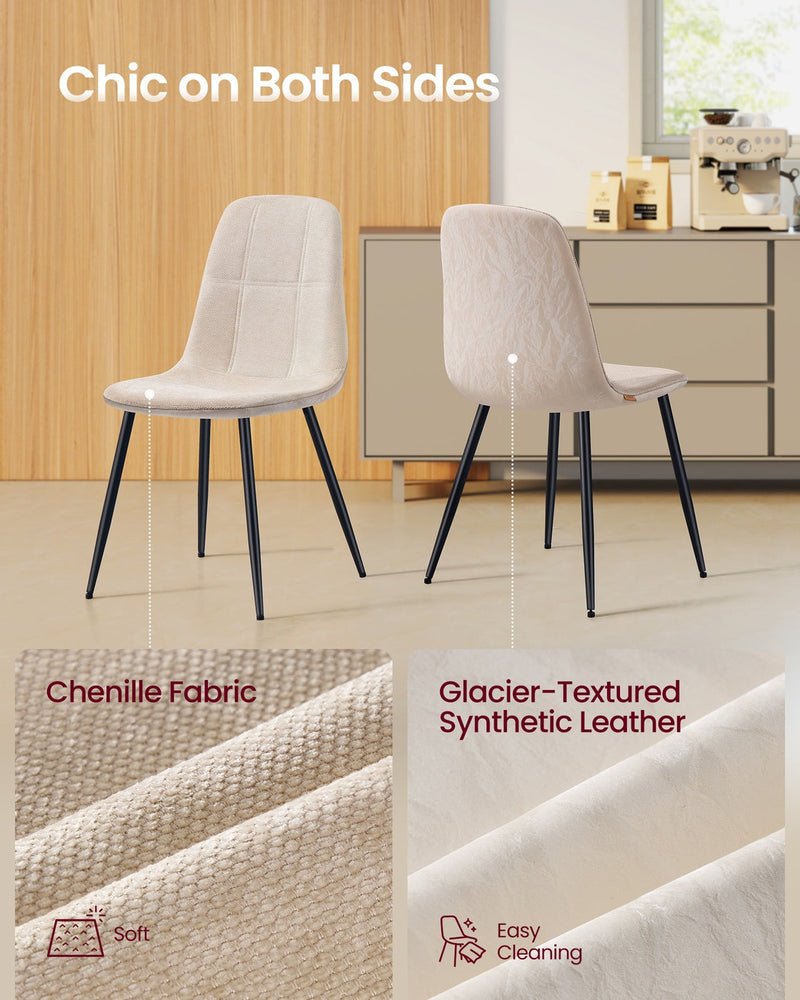 2 cream white chairs showing the chenille front and the glacier-textured synthetic leather back