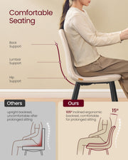 Woman sitting on a cream white dining chair showing the 105 degree inclined backrest