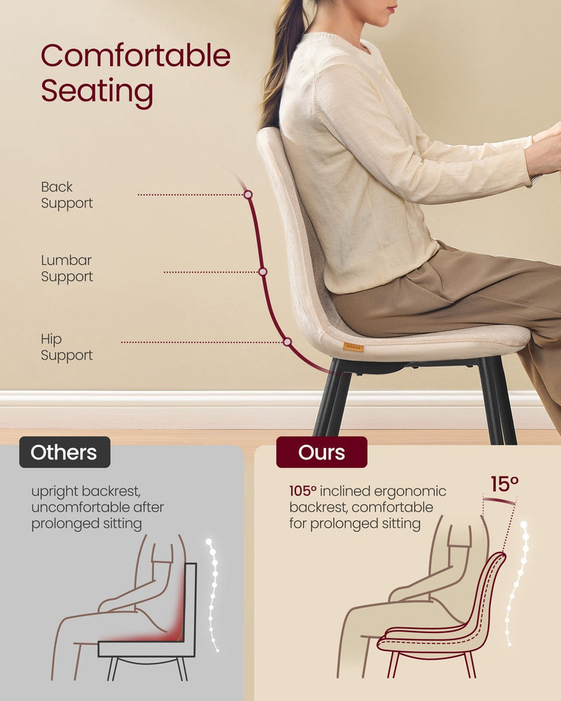 Woman sitting on a cream white dining chair showing the 105 degree inclined backrest