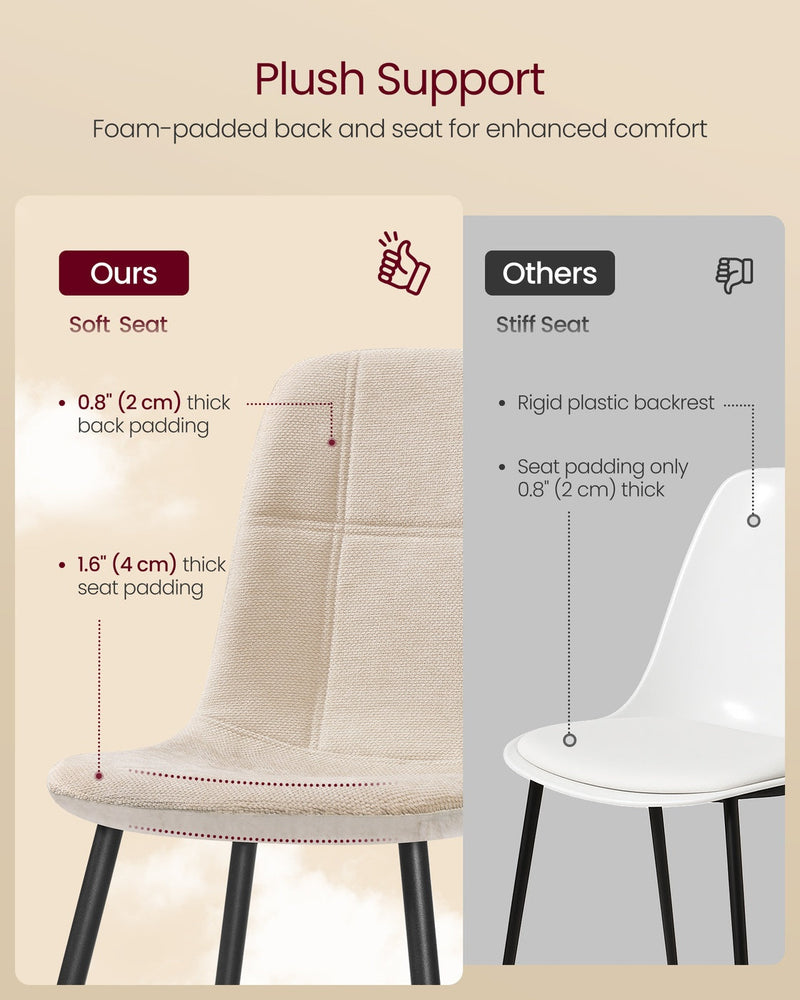 Close-up of a cream white chair showing 4 cm seat padding and 2 cm back padding