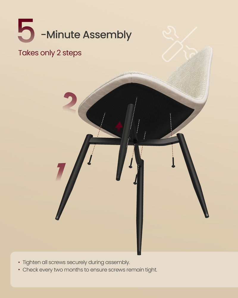 Assembly diagram for a cream white dining chair, showing the 4 tapered legs fitted to the seat base in 2 steps