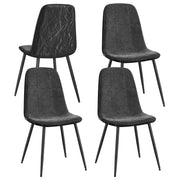 Set of 4 slate grey chenille dining chairs with black metal legs on a plain background