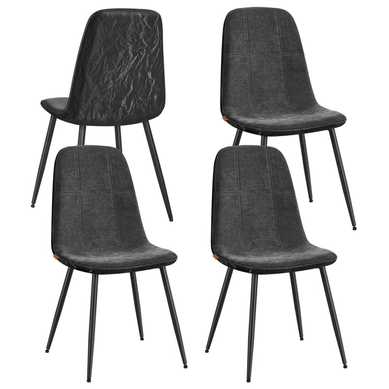 Set of 4 slate grey chenille dining chairs with black metal legs on a plain background