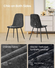 2 slate grey chairs showing the chenille front and the glacier-textured synthetic leather back