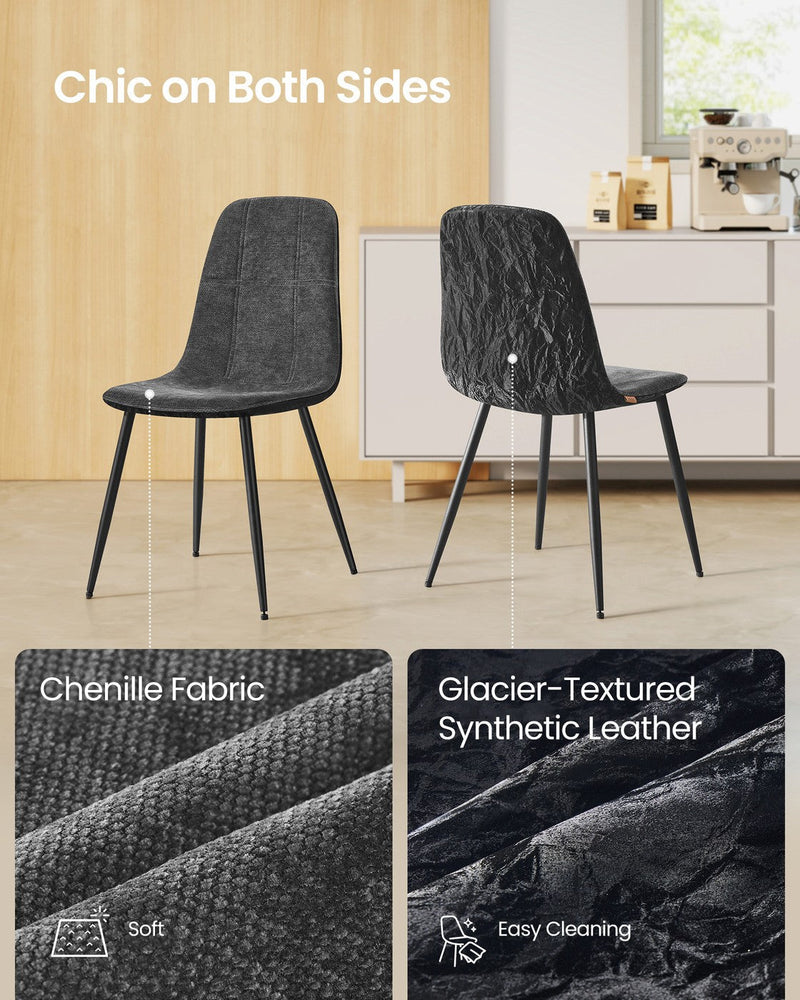 2 slate grey chairs showing the chenille front and the glacier-textured synthetic leather back