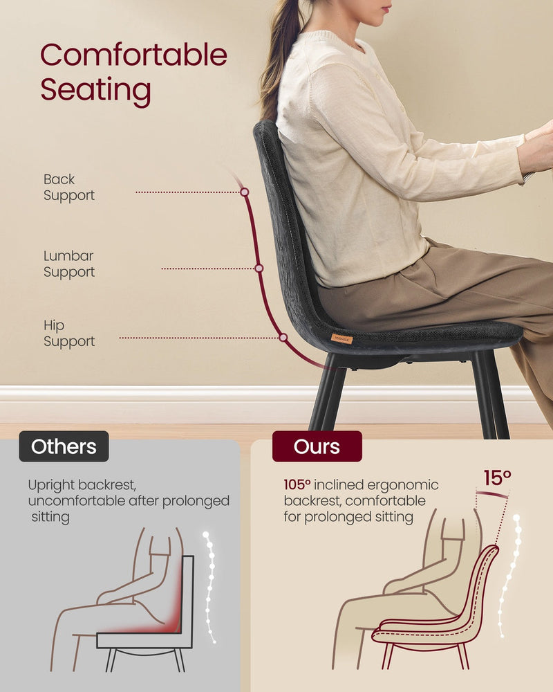 Woman sitting on a slate grey dining chair showing the 105 degree inclined backrest