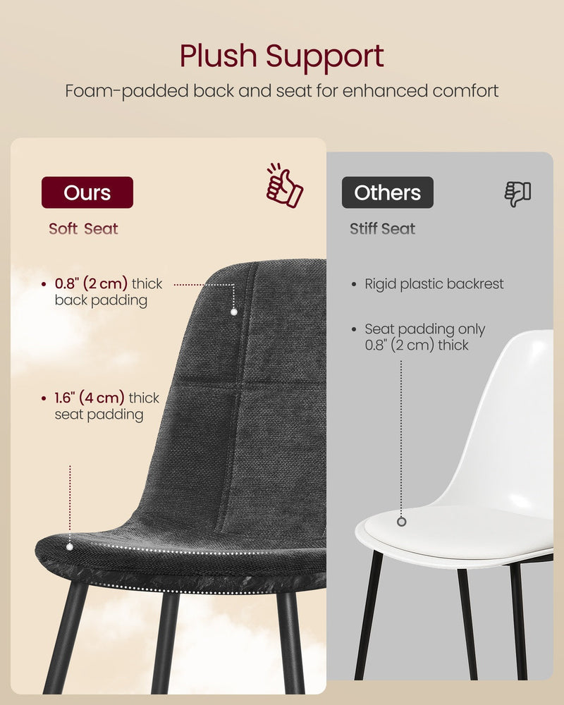 Close-up of a slate grey chair showing 4 cm seat padding and 2 cm back padding