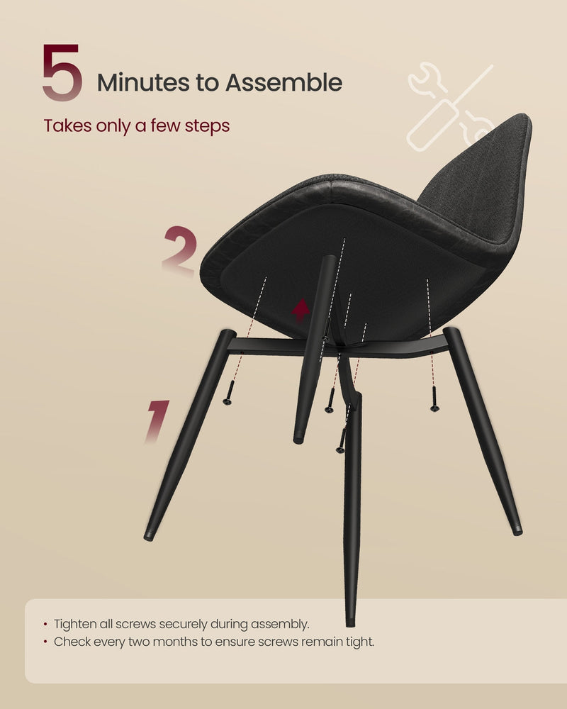 Assembly diagram for a slate grey dining chair, showing the 4 tapered legs fitted to the seat base in 2 steps
