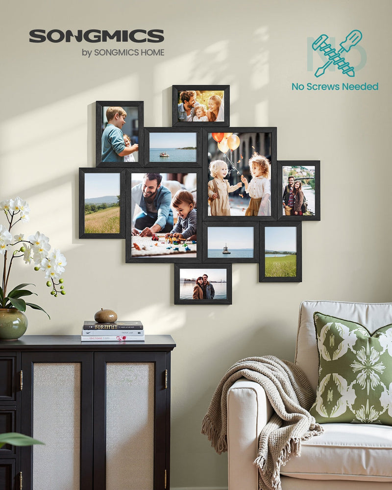 Collage picture frames arranged on a living room wall