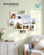 White collage picture frames arranged on a living room wall with a no screws needed badge