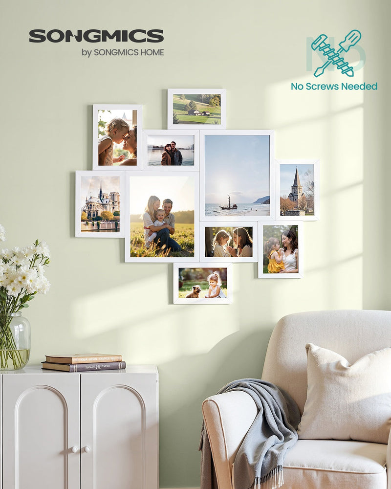 White collage picture frames arranged on a living room wall with a no screws needed badge