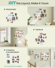Three layout ideas for arranging the white collage photo frames on a wall