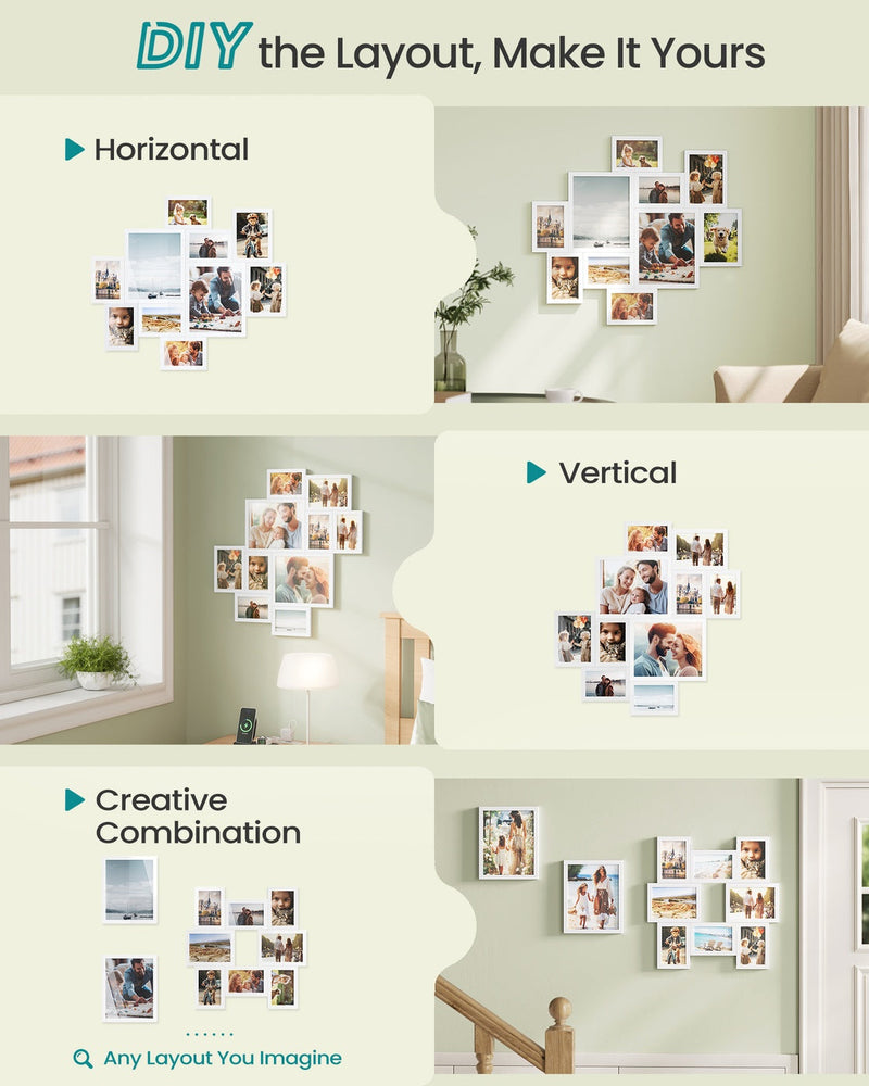 Three layout ideas for arranging the white collage photo frames on a wall