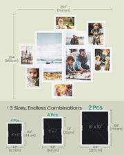 Dimensions diagram showing the large, medium and small white picture frame sizes and wall layout size