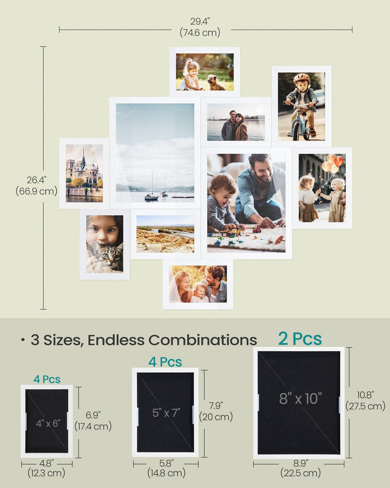 Dimensions diagram showing the large, medium and small white picture frame sizes and wall layout size
