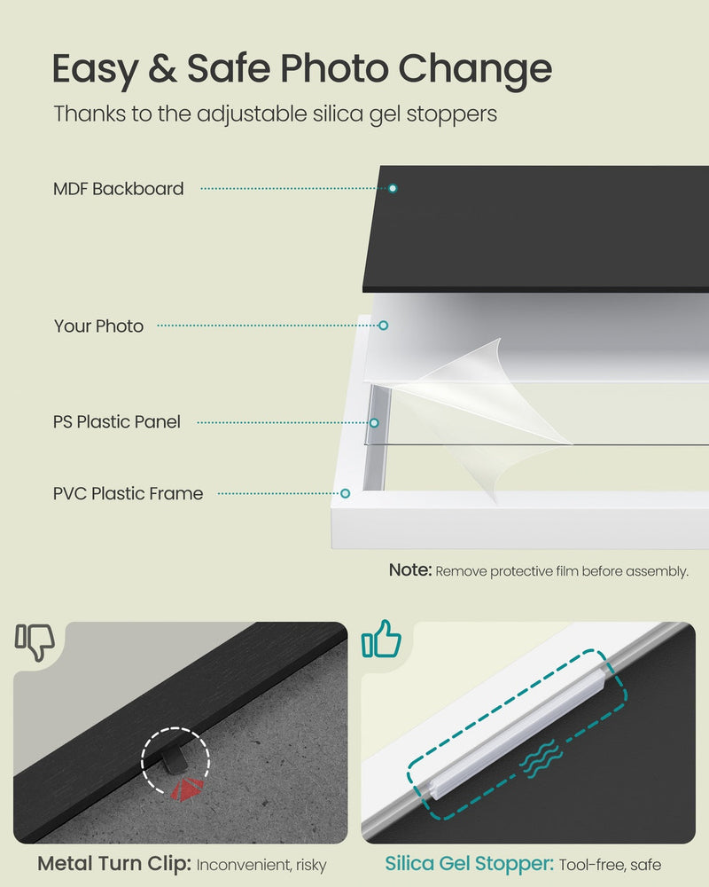 Cutaway diagram showing the MDF backboard, PS panel, PVC frame and silica gel stopper