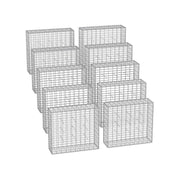 Ten silver galvanised gabion cages stacked in two rows on a white background