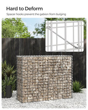 Stone gabion beside a garden fence with an inset showing the internal spacer hook