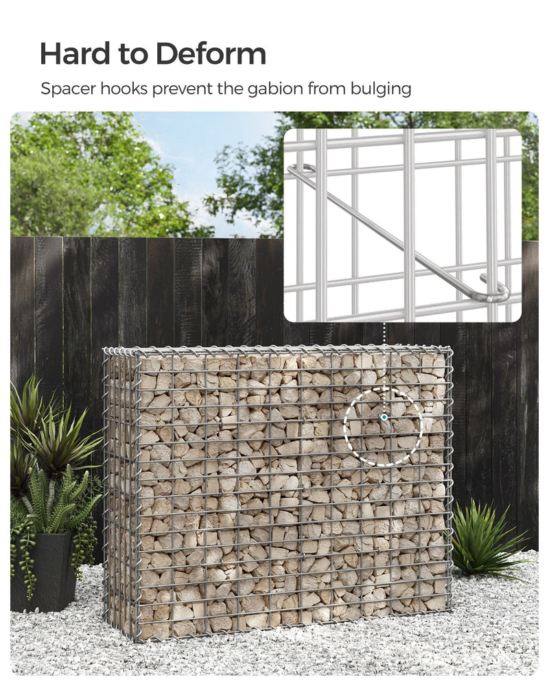 Stone gabion beside a garden fence with an inset showing the internal spacer hook