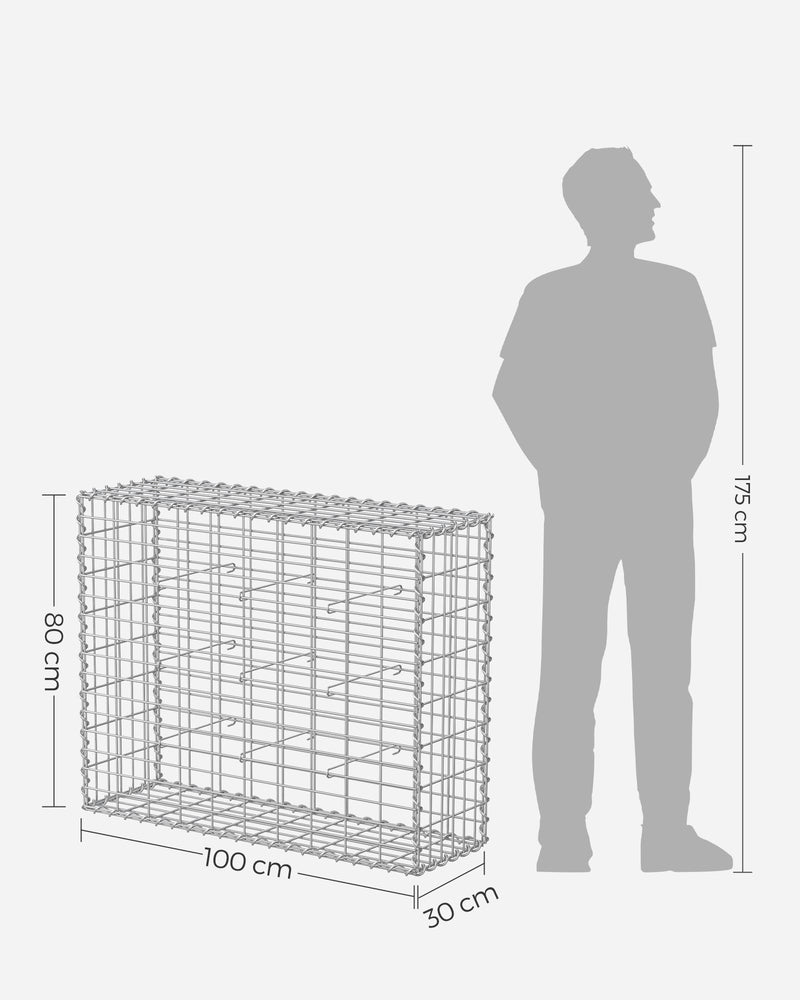 Dimensions diagram showing one gabion cage at 100 x 30 x 80 cm beside a 175 cm figure