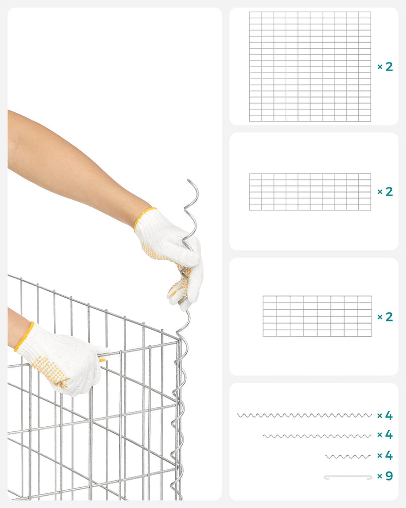 Gloved hands twisting a spiral wire to join two mesh panels, next to the panel list