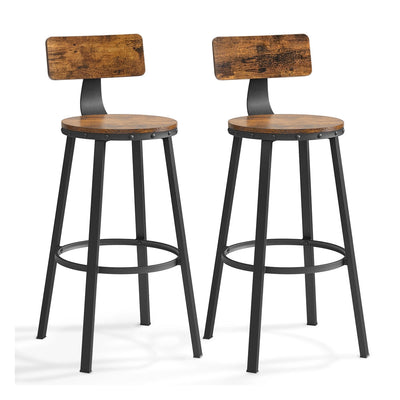 Two rustic brown Vasagle bar stools with black steel frames on a plain background