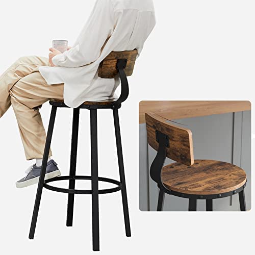 Person seated on a brown bar stool with one foot resting on the footrest ring