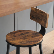 Close-up of the curved wood-effect backrest and the round seat top