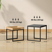 Dimension diagram comparing the small wood-effect table and large black table sizes and weight limits