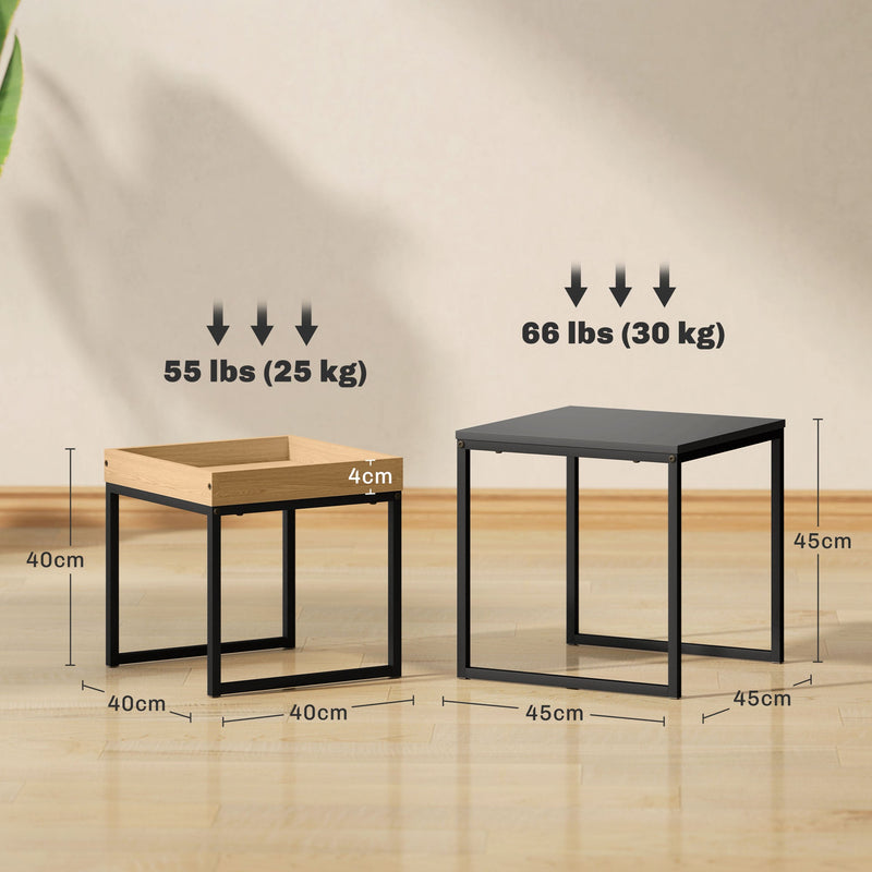 Dimension diagram comparing the small wood-effect table and large black table sizes and weight limits