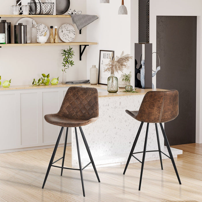 Set of 2 Vintage Leather Bar Stools, Diamond Stitch, Brown