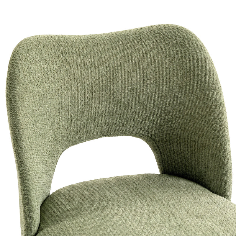 Close-up of the green chenille backrest cut-out and fabric texture