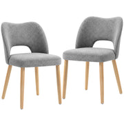 Two grey chenille dining chairs with natural rubberwood legs on a white background