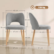 Dimensions diagram of the grey dining chair showing 47 x 51 x 76 cm, 45 cm seat height and 120 kg capacity