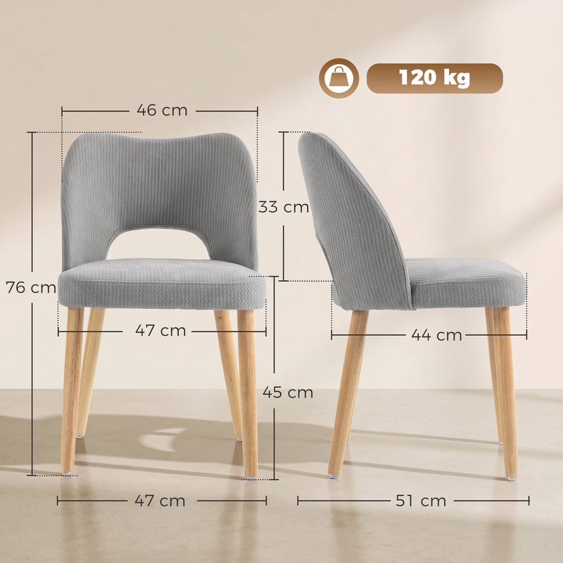 Dimensions diagram of the grey dining chair showing 47 x 51 x 76 cm, 45 cm seat height and 120 kg capacity