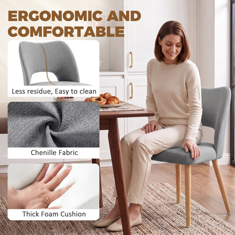Close-ups of grey chenille fabric and thick foam cushion with a woman seated on the chair