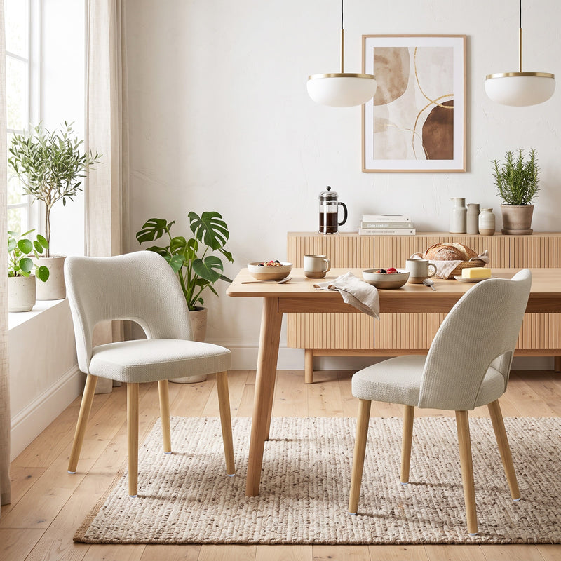 Beige chenille dining chairs at a wooden table in a bright dining room