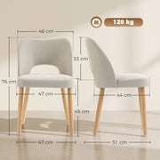 Dimensions diagram of the beige dining chair showing 47 x 51 x 76 cm, 45 cm seat height and 120 kg capacity