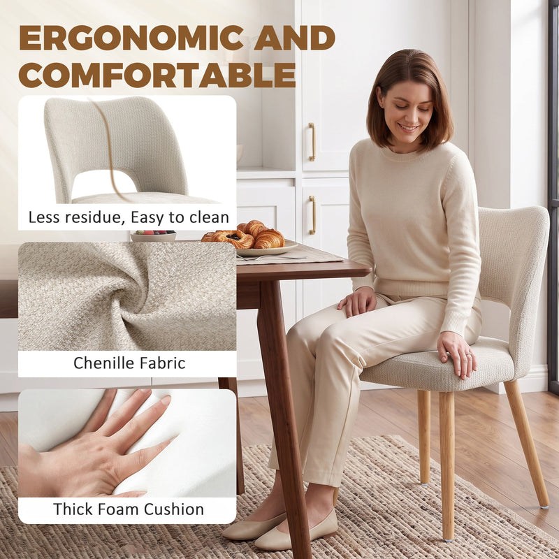 Close-ups of beige chenille fabric and thick foam cushion with a woman seated on the chair