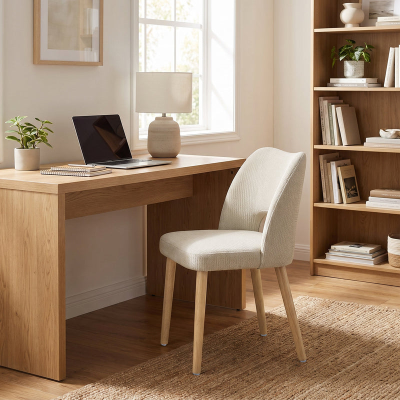 Beige dining chair used as a desk chair in a home office