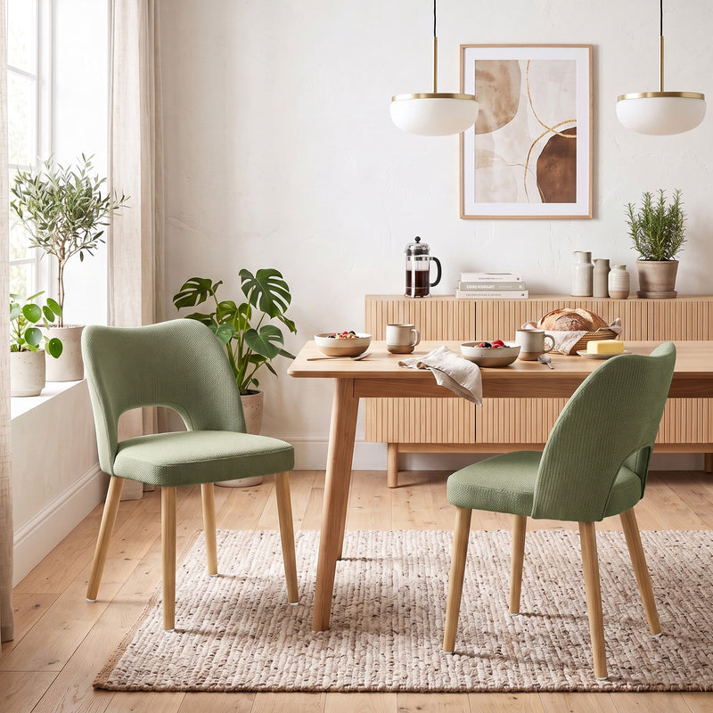 Green chenille dining chairs at a wooden table in a bright dining room