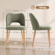 Dimensions diagram of the green dining chair showing 47 x 51 x 76 cm, 45 cm seat height and 120 kg capacity