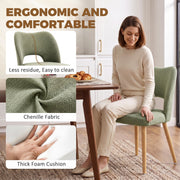 Close-ups of green chenille fabric and thick foam cushion with a woman seated on the chair