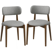 Set of 2 grey chenille dining chairs with walnut-tone rubberwood legs on a white background