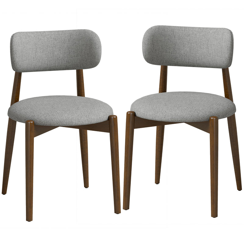 Set of 2 grey chenille dining chairs with walnut-tone rubberwood legs on a white background