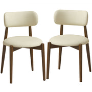 Set of 2 beige chenille dining chairs with walnut-tone rubberwood legs on a white background